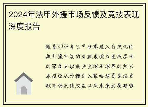 2024年法甲外援市场反馈及竞技表现深度报告